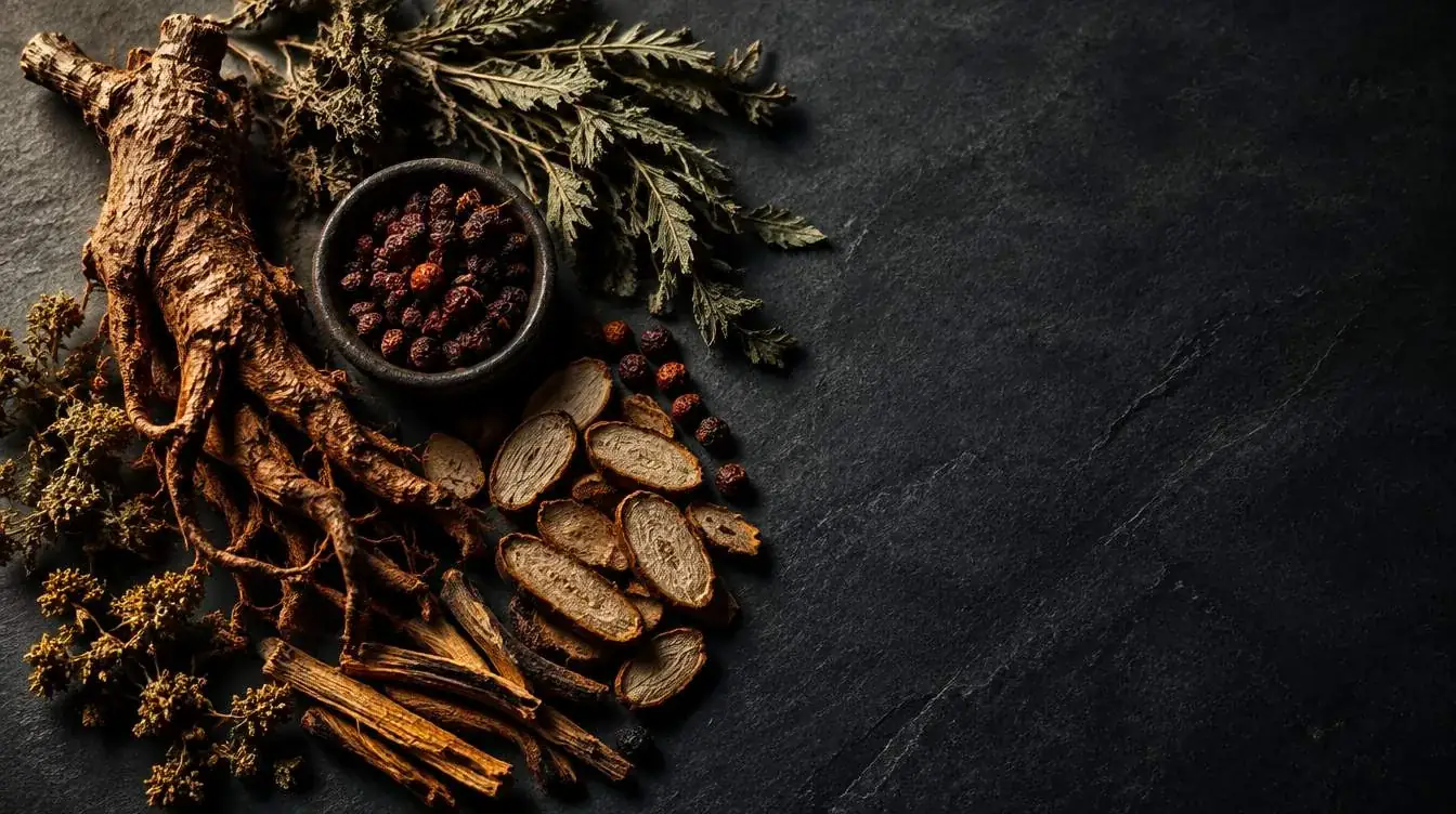Dried botanical roots, sliced root pieces and dried berries arranged on dark slate